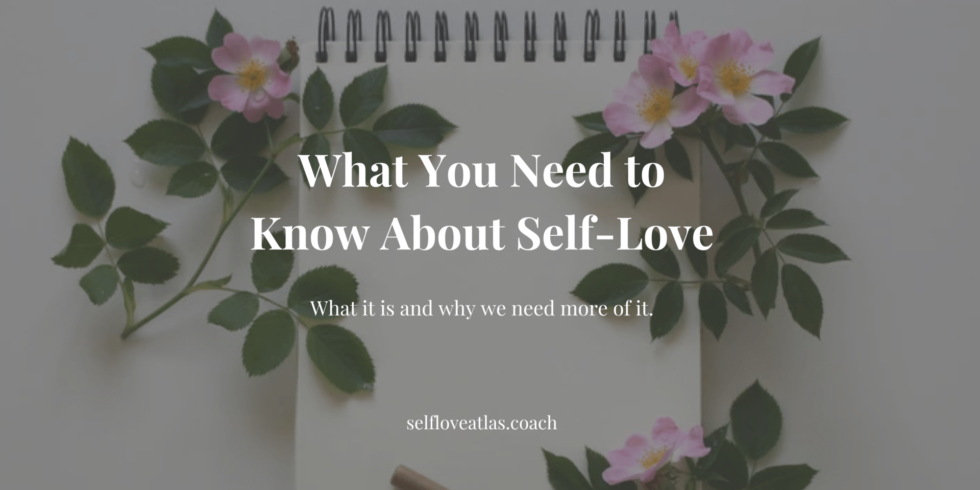 cover photo for blog post titled "what you need to know about self love." a photo of a notebook with pink flowers laid over it and the title centered over it in white text.
