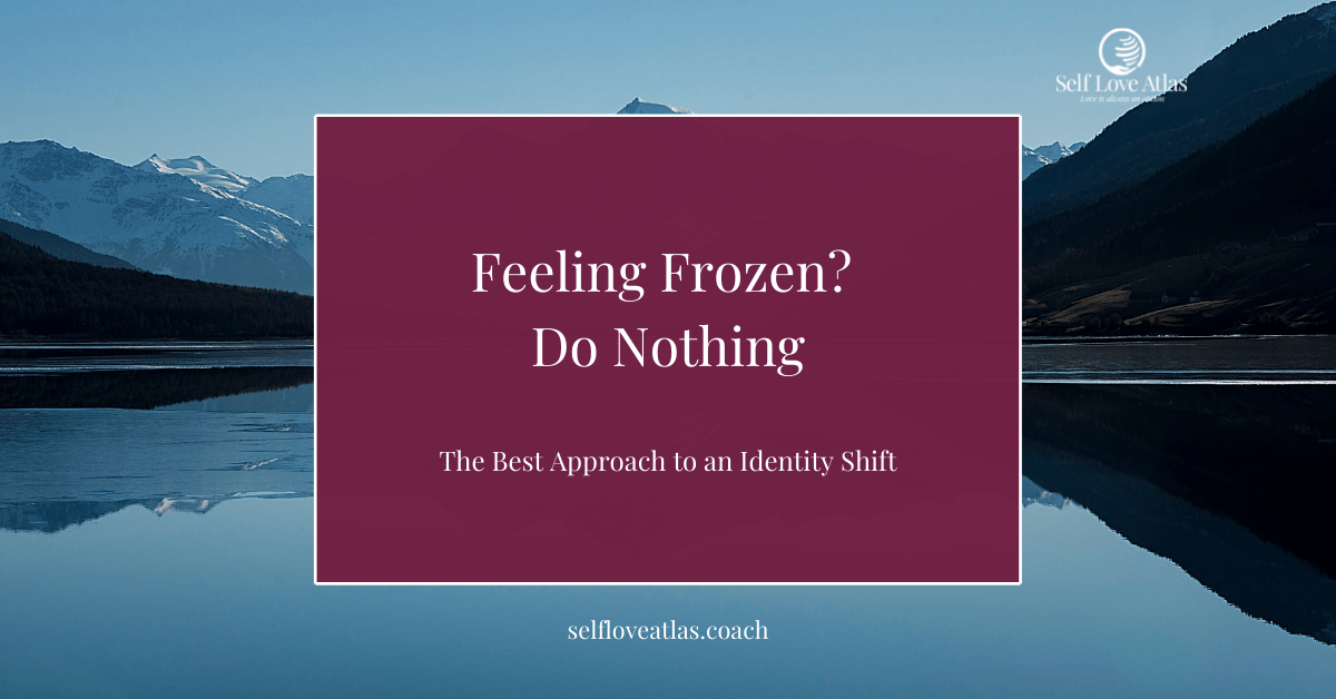 Header image for a blog post about an identity shift featuring a lake in the background, representing a metaphor offered in the blog post