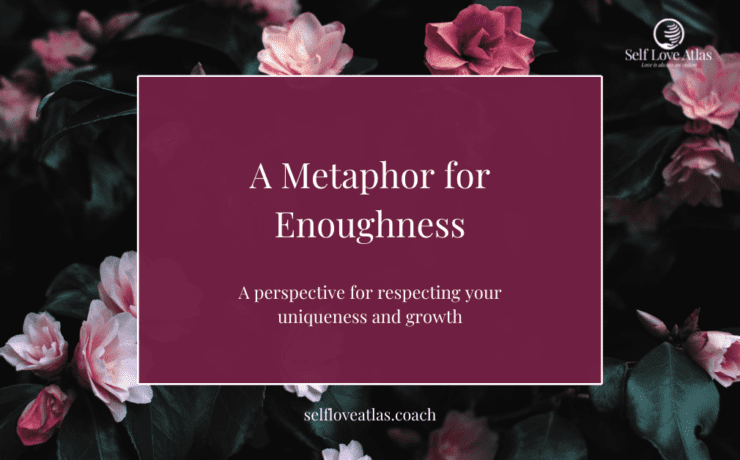 header image for post titled "a metaphor for enoughness", the image displays the title on a maroon box in the foreground with a dark picture of pink flowers in the background.