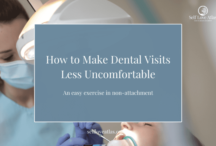 Header image for blog post titled "How to make dental visits less uncomfortable. Image has the title displayed in the center with a background image of a female dentist working with a patient, her hair is pulled back and she is weiring a mask, the patient has a metal dental tool in her mouth and light shining on her face, the dentist's gloved hands are also in frame holding the tool.