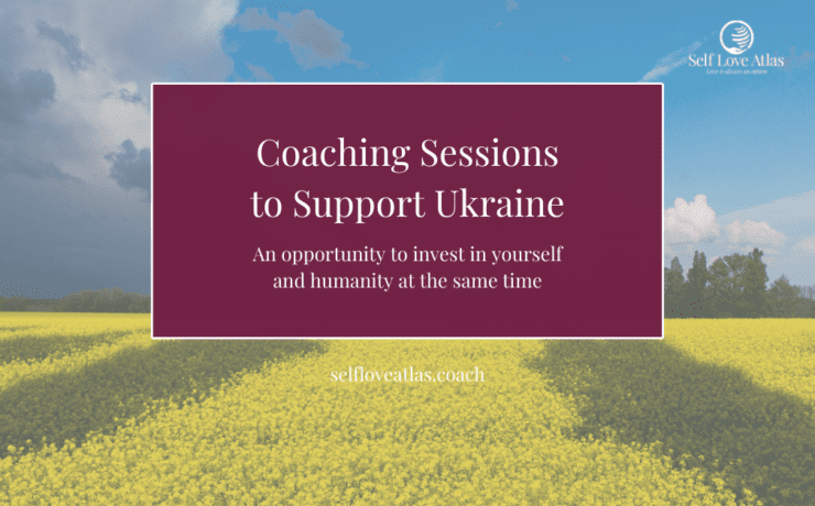 Coaching sessions to support Ukraine, decorative header image for blog post about sessions being offered in support of Ukrainian citizens, the image features the title along with a background image of a field that is yellow and the sky which is blue, a nod to the Ukrainian national flag.