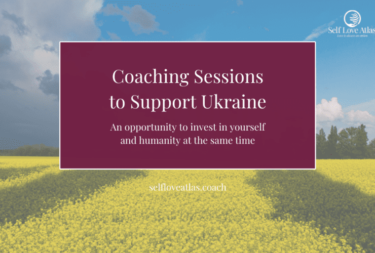 Coaching sessions to support Ukraine, decorative header image for blog post about sessions being offered in support of Ukrainian citizens, the image features the title along with a background image of a field that is yellow and the sky which is blue, a nod to the Ukrainian national flag.