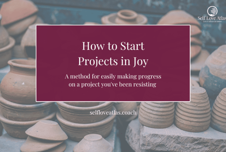 Header image for post titled How to Start Projects in Joy, the image features the title on a maroon box with a decorative background picture of a large quantity of unpainted pottery