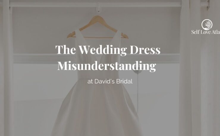 The wedding dress misunderstanding at davids bridal, a decorative header image featuring a classic photo of a wedding dress onits hanger in front of a window in a white room, letting the natural light hit the plain white, A-line wedding dress
